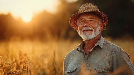 Fototapeta premium An elderly man with a beard stands in a golden field during sunset, wearing a straw hat and a light shirt, exuding wisdom and contentment in the countryside setting.