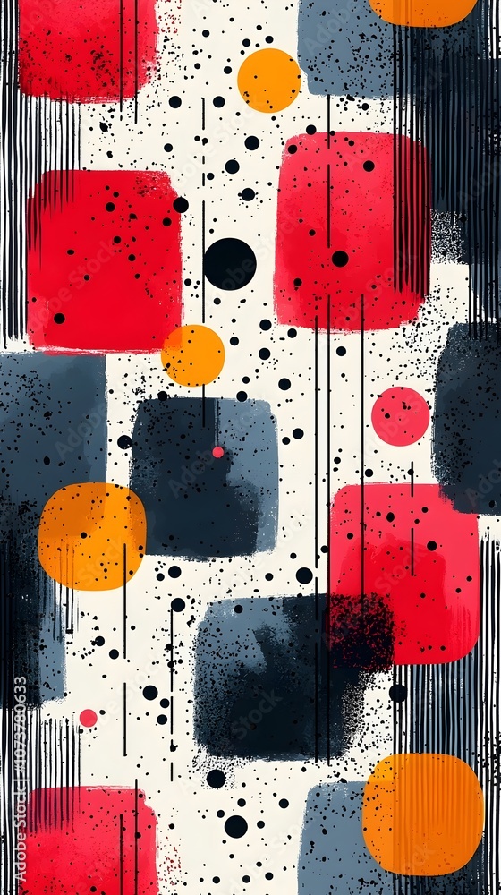 Poster abstract design featuring vibrant red, orange, and dark gray geometric shapes against a light backgr
