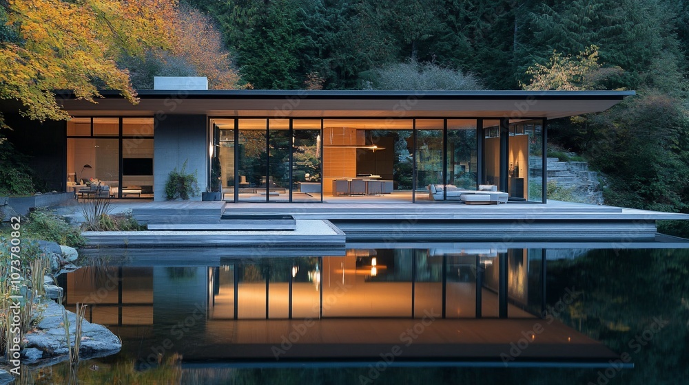 Aufkleber Modern house with large windows and a reflecting pool in front of it.
