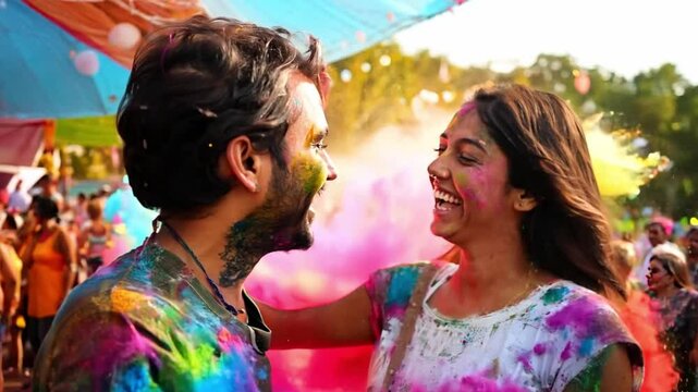 Happy group of people celebrating Holi the Festival of Colours