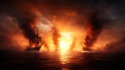 Fototapeta premium A powerful scene depicts a naval battle with three burning ships, engulfed in a fiery and dramatic sky showcasing conflict and historical adventure at sea.