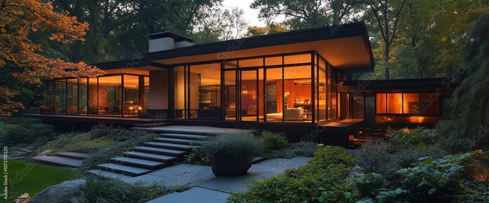 Poster modern house with large windows and a stone pathway leading to the front door.