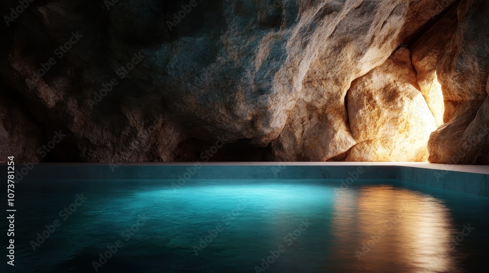 Poster a serene and tranquil cave pool is illuminated by natural light streaming in from an opening, creati