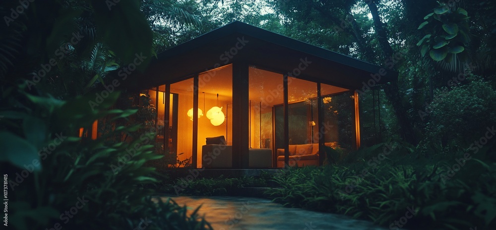 Aufkleber modern house with large windows illuminated at dusk, surrounded by lush greenery.