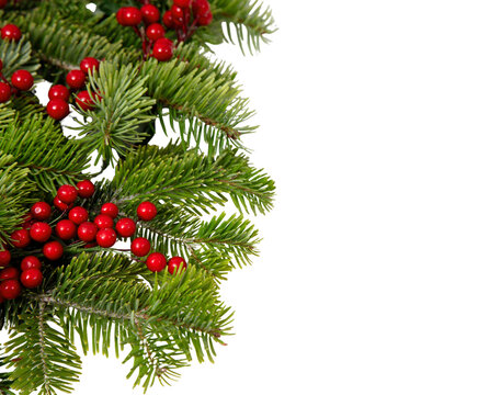 Christmas tree border and red berries decoration isolated on white transparent, Xmas festive garland