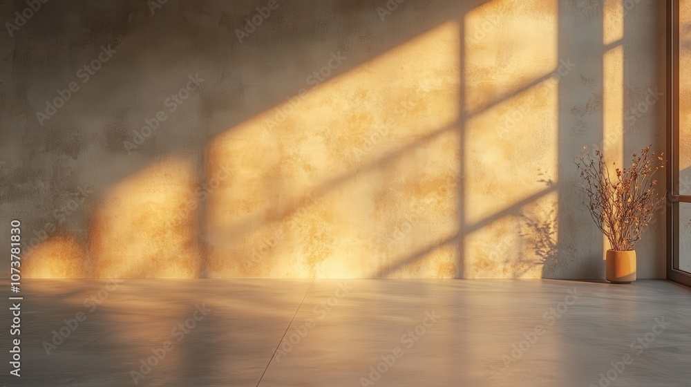 Poster an empty room filled with warm, golden sunlight creates beautiful shadow patterns on the wall, compl