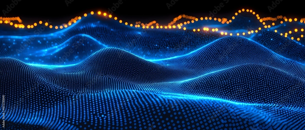 Poster an abstract digital landscape featuring illuminated blue and orange waves made of glowing dots, crea