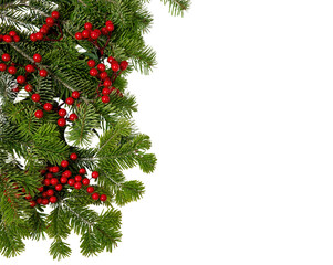 Christmas tree border and red berries decoration isolated on white transparent, Xmas festive garland