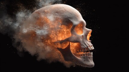 A skeletal skull appears engulfed in fire and smoke, seemingly shattering into particles, creating a dramatic vision of destruction and transformation in a dark void.