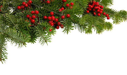 Christmas tree border and red berries decoration isolated on white transparent, Xmas festive garland © Rawf8