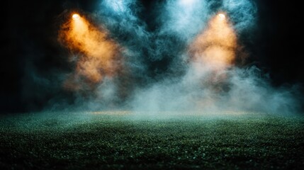 Fototapeta premium This atmospheric image features a misty fog illuminated by two spotlight beams, creating a moody and mysterious ambience over a grassy surface.