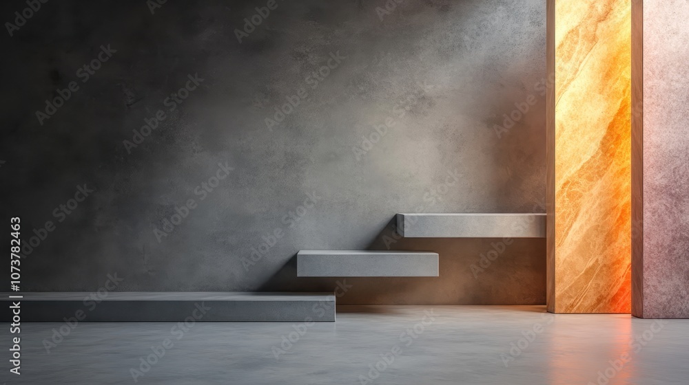 Poster a minimalist scene featuring a modern concrete wall with floating steps that lead upwards, illuminat