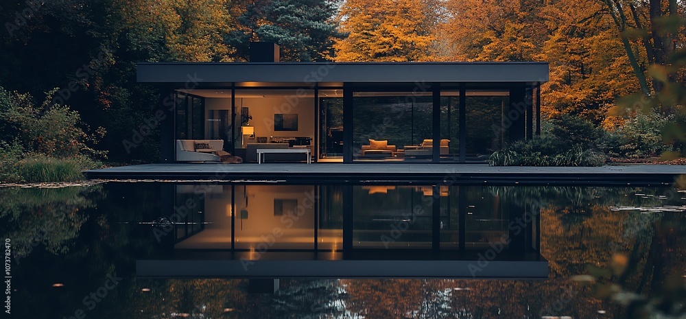 Poster modern house with large windows reflecting in the pond with autumn foliage in the background.