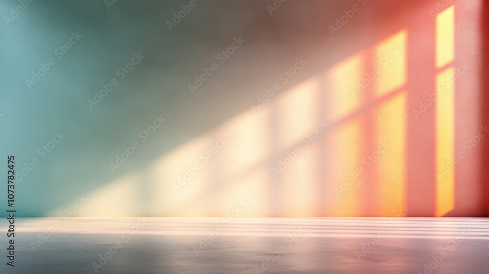 Poster an empty room bathed in colorful abstract light patterns created by warm sunlight streaming through 