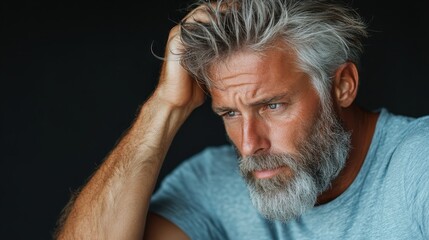 Fototapeta premium A man with a full gray beard and hair wears a light gray shirt, resting his head in one hand, appearing deeply contemplative and wise, captured against a solid black background.