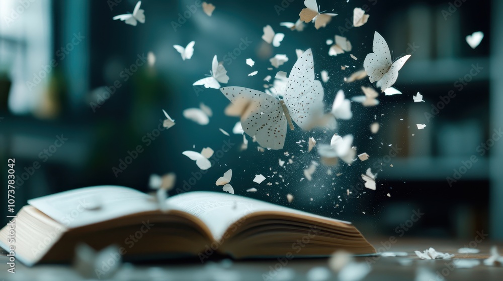 Poster a collection of ethereal butterflies gracefully ascends from the pages of an open book, symbolizing 