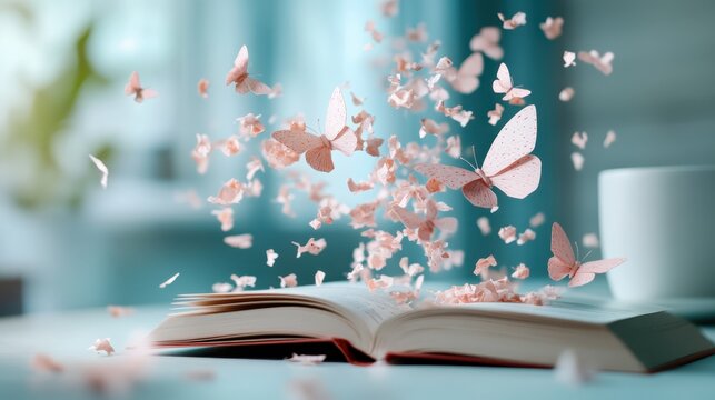 Delicate, ethereal butterflies emerge from the pages of an open book in a dreamlike notion, depicting the magical voyage of stories coming to life.