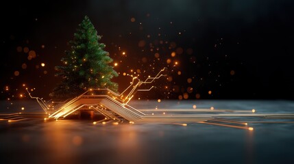 A digital Christmas tree emerges from a futuristic circuit design, exemplifying the fusion of tradition with technology in a modern, festive manner.