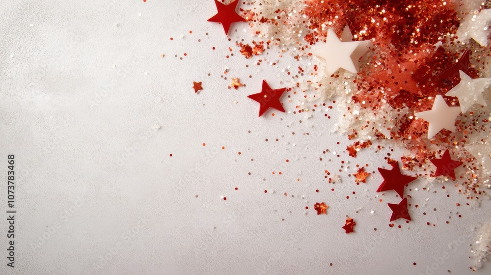 Poster red and white glitter is scattered across a light surface with interspersed star shapes, creating a 