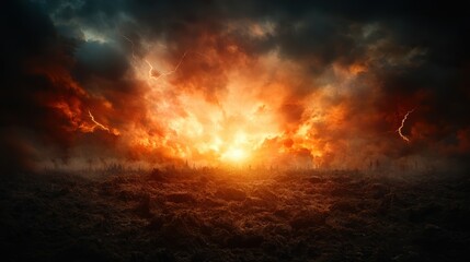 Naklejka premium A dramatic scene of a molten landscape sits beneath a stormy sky, flanked by mountains, exuding a haunting beauty that captures fiery intensity and raw nature.