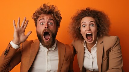 A man and woman express a surprised emotion with wide eyes and mouths open against an orange backdrop, capturing spontaneous excitement and shock.