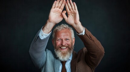 A bearded man in a suit is joyfully smiling and gesturing upwards with his hands, conveying a sense of positivity, success, and happiness in a candid moment.