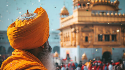 Obraz premium Against the backdrop of the radiant Golden Temple, a devotee wearing a bright orange turban observes the festivities