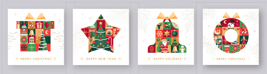 Set of Merry Christmas and Happy New Year modern greeting cards, covers or posters with holiday decoration. Christmas background. Vector illustration
