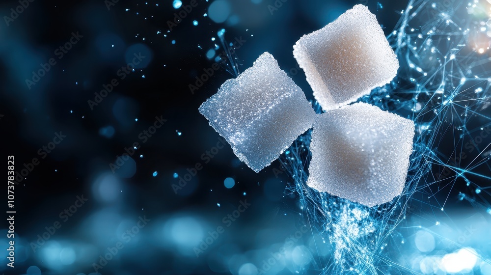 Poster illustration of sugar cubes against a digital backdrop, with intricate networks creating themes of c