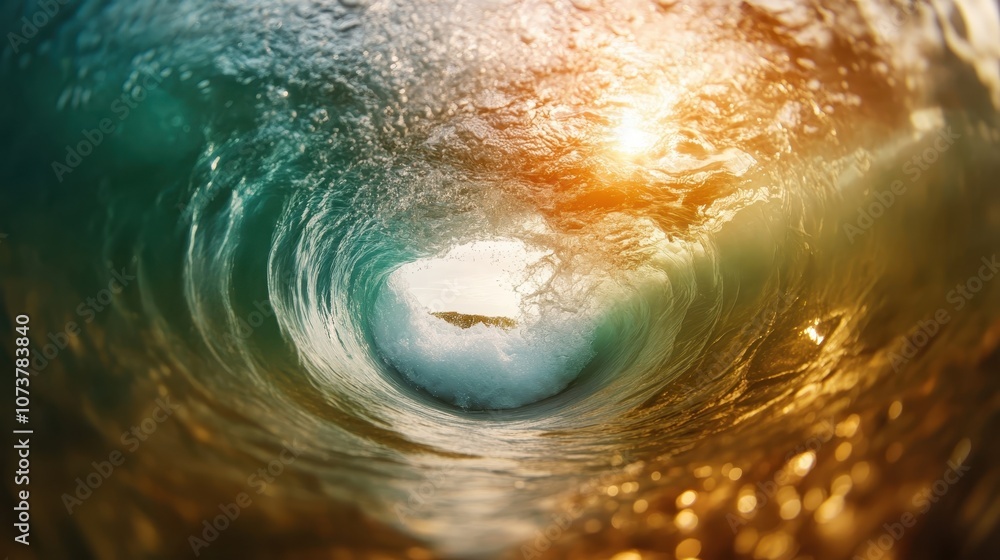 Poster a stunning view from inside a wave tunnel with golden sunlight streaming through, capturing the dyna