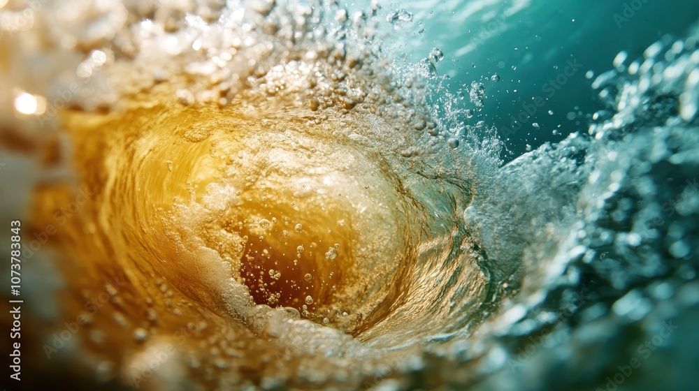 Aufkleber an artistic capture of swirling golden liquid, creating a dynamic and fluid motion, highlighted by v