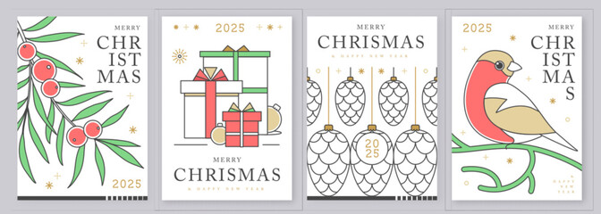 Set of modern line art Merry Christmas and Happy New Year greeting cards, covers or posters with holiday decoration. Christmas background. Vector illustration