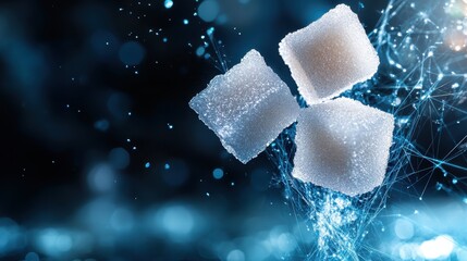 Illustration of sugar cubes against a digital backdrop, with intricate networks creating themes of connectivity, representation of technology and food innovation.