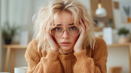A woman wearing glasses looks worried, resting her hands on her head, showcasing a thoughtful and concerned expression in a calm interior setting.