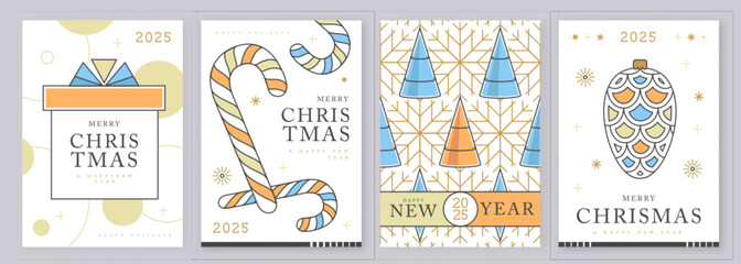 Set of modern line art Merry Christmas and Happy New Year greeting cards, covers or posters with holiday decoration. Christmas background. Vector illustration
