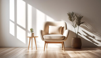  A beige chair sits calmly within a minimalist space featuring white walls, wood floors, and_1(6)