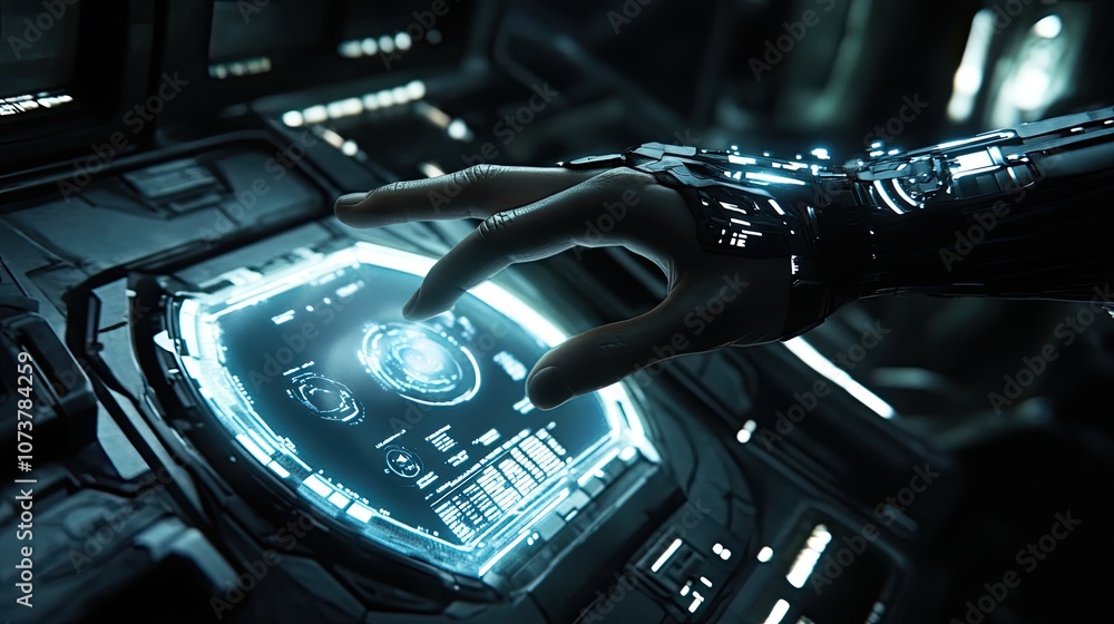 Poster a cyber hand in a dark tech setting reaching to interact with a luminous display, representing digit