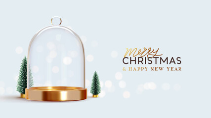 Elegant empty glass dome with golden base, surrounded by miniature fir trees. Festive Merry Christmas and Happy New Year greeting on light blue background. Realistic 3d design. vector illustration