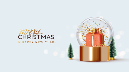 Golden snow globe with a red gift box and golden sparkling confetti. Miniature fir trees, Merry Christmas and Happy New Year text on light blue. Realistic 3d design. vector illustration