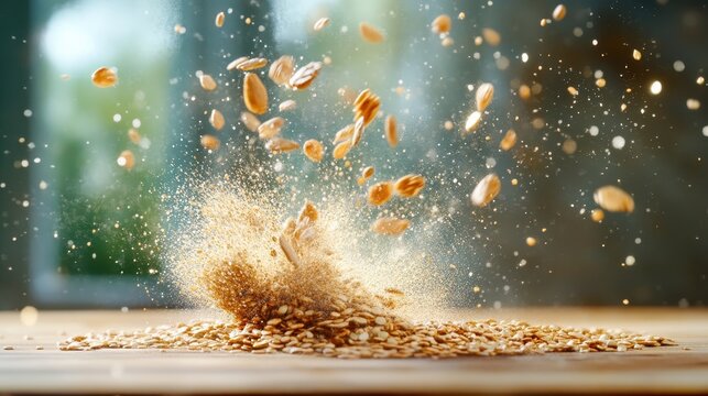 The image artistically captures grains erupting with energy, showcasing a burst of culinary texture, color, and motion against a blurred background, symbolizing abundance.