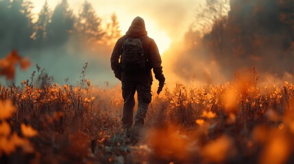 A solitary figure walks through a misty autumn field at sunrise, surrounded by orange foliage and evoking a sense of adventure and reflection.