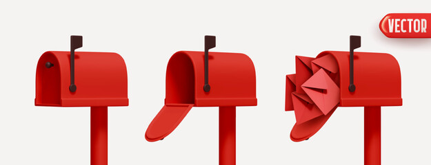 Set of three red mailboxes realistic 3d design, open box, closed and with mail paper envelope isolated on white background. vector illustration