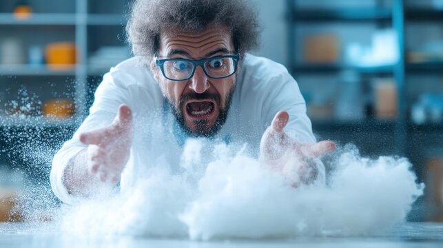 An energetic scientist with glasses appears excited, causing a burst of white powder cloud to scatter in a laboratory, surrounded by shelves in the background.