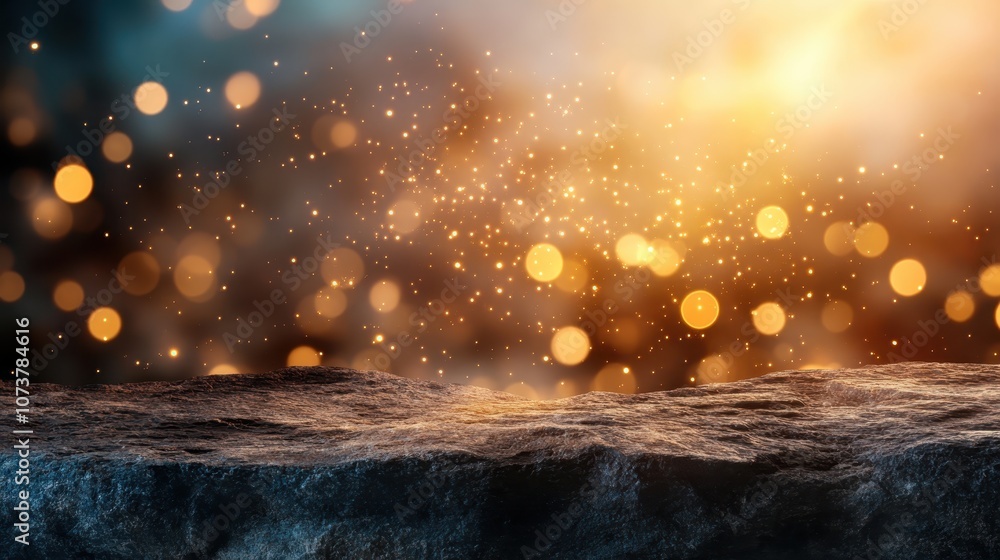 Poster a scenic image featuring sparkling bokeh lights against a blurry background, with a rugged rocky sur