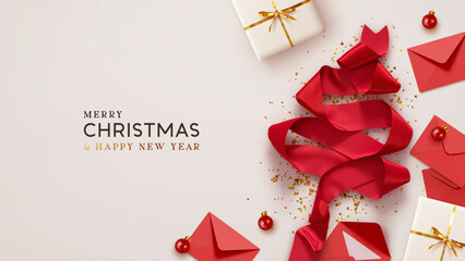 Festive Christmas and New Year composition with a red ribbon in the shape of Christmas tree. Red envelopes, gold confetti, wrapped gifts on beige background. Realistic 3d design. vector illustration