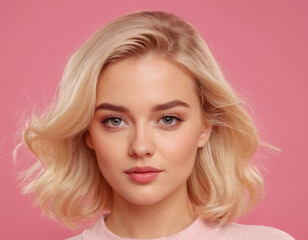 Naklejka premium cartoon blonde girl. pink background. new year's day concept
