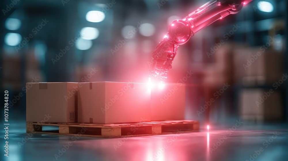 Poster a high-tech robotic arm uses a precision laser to package boxes on a conveyor, demonstrating advance