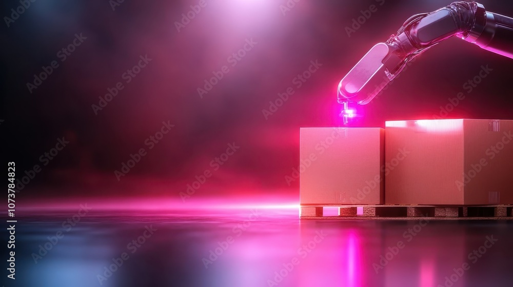 Poster a futuristic robotic arm with a glowing pink light selects a box on a pallet in a dimly lit room, re