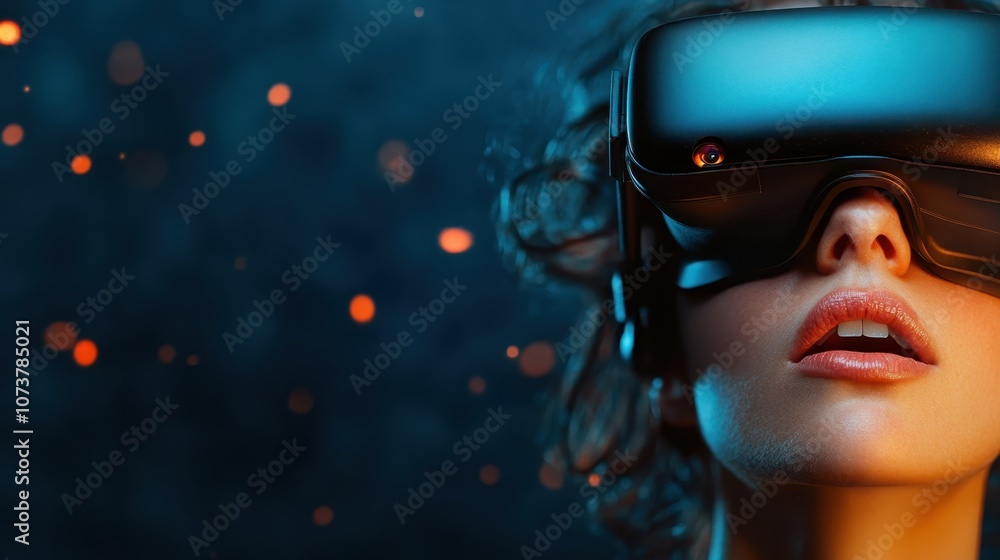 Poster a person engrossed in a digital universe wearing a virtual reality headset, exploring futuristic tec