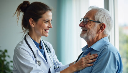 Doctor sharing good news with patient, joyful announcement, positive health news